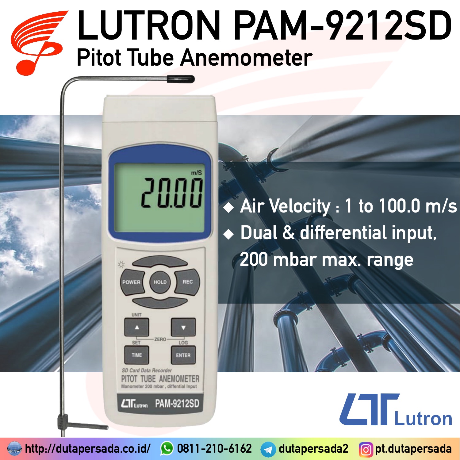 Lutron PAM-9212SD - Pitot Tube Anemometer + Differential Manometer